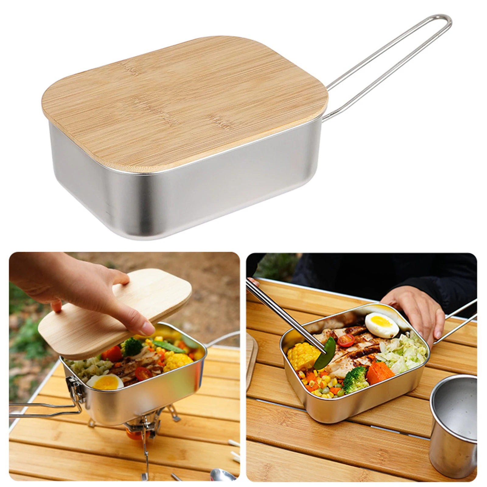 

304 Stainless Steel Lunch Box With Dual Use Lid Camping Bento Box Folding Handle Barbecue Food Container