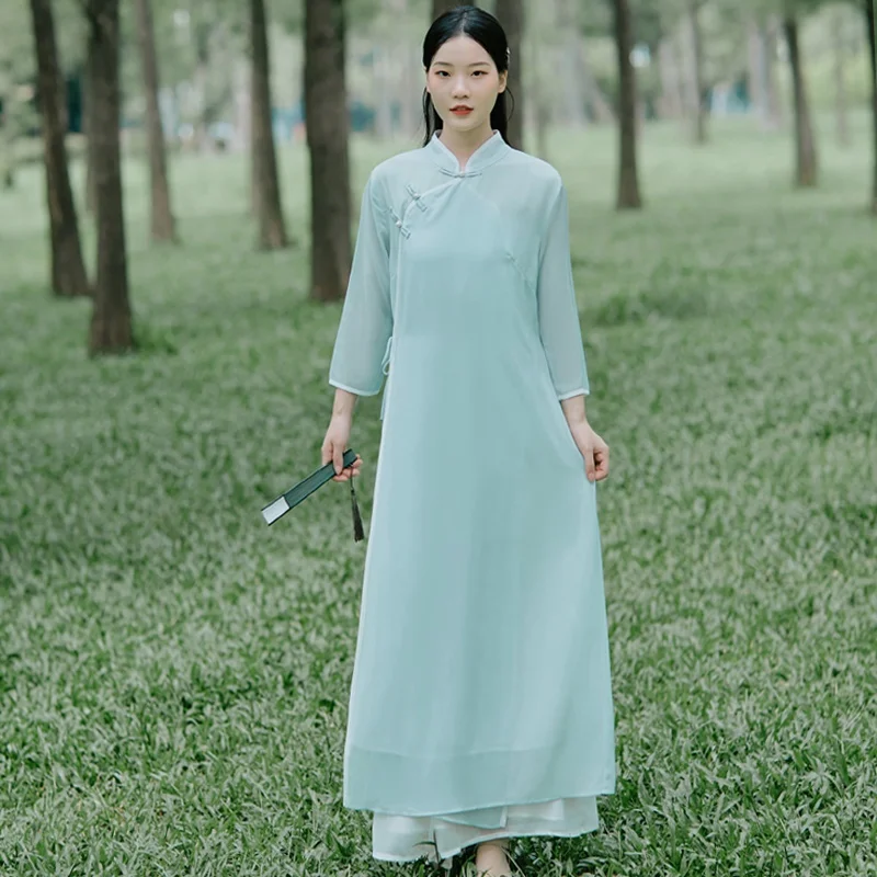 

Traditional Chinese Style Clothing Women Hanfu Long Sleeve Dress Cheongsam Oriental Tang Dynasty Suit Vintage Robes Femme FF3066