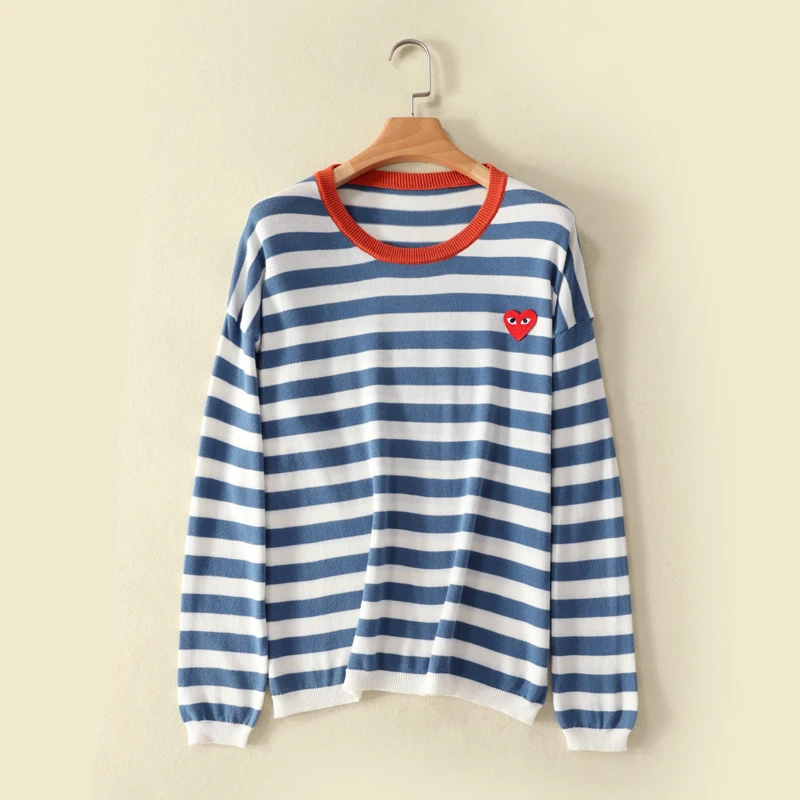

New women's Striped Sweater loose Pullover women's sweater pure cotton knitwear love pattern embroidered sweater