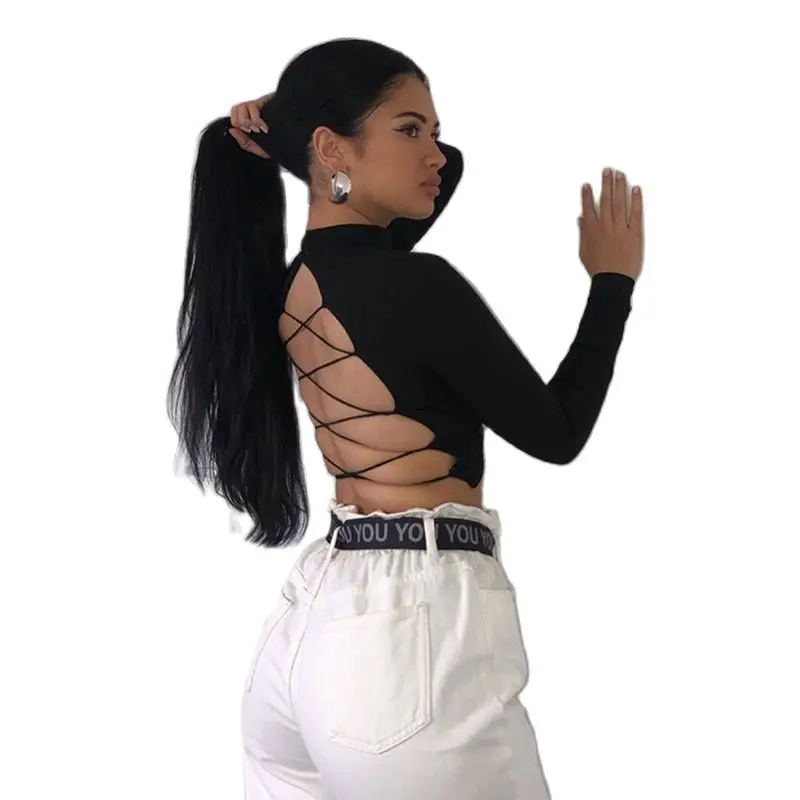 

Womon Cotton Hollow-out Sexy Tshirt Bandage Backless Long Sleeve Tops Harajuku Slim Bodycon Streetwear Knitted Tees