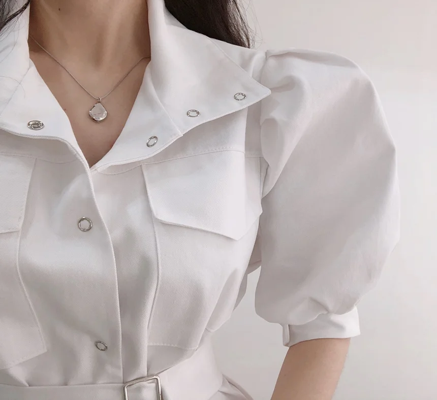 

Korea Chic Spring And Summer Puff Short Sleeved Single-Breasted Pocket Lace-Up High Waist Turn-Down Collar Bodycon Dress