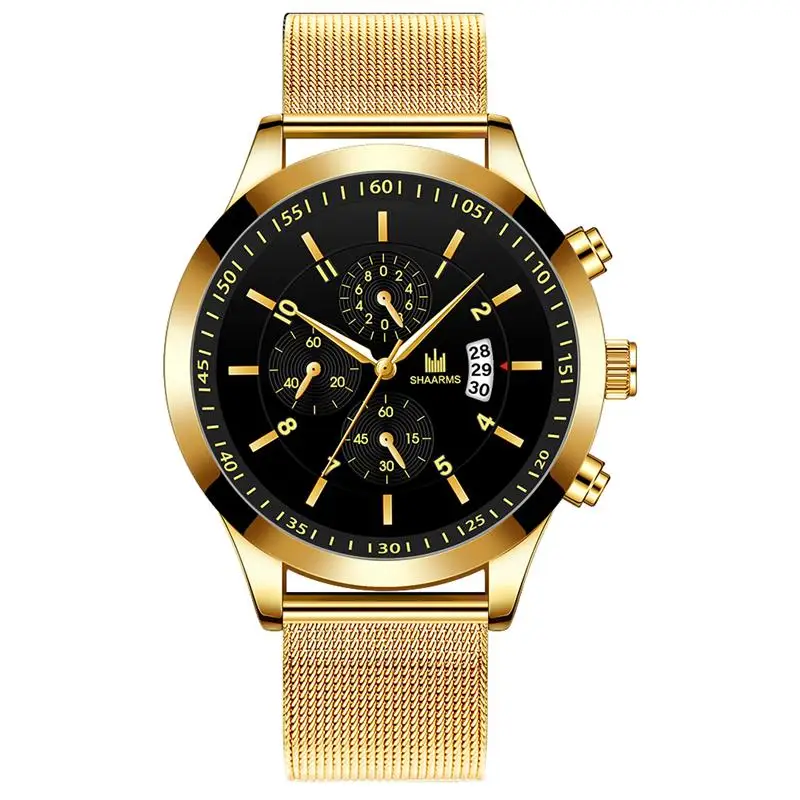 Мужские часы SHAARMS 2020 кварцевые наручные с золотым сетчатым браслетом мужские