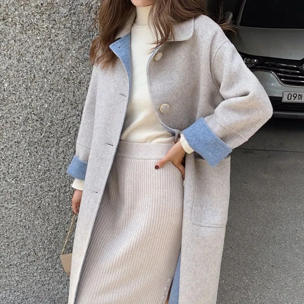 

Fashion Stitching Contrast Color Woolen Coat Women Mid-length Autumn And Winter Large Size Loose Over-the-knee Woolen Coat