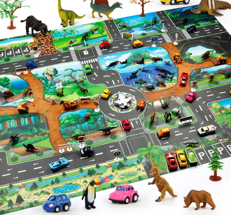 130*100 Waterproof  Map City Traffic Forest Play Mat City Road Map/Traffic signs /Alloy Car Model For Children Educational Toys