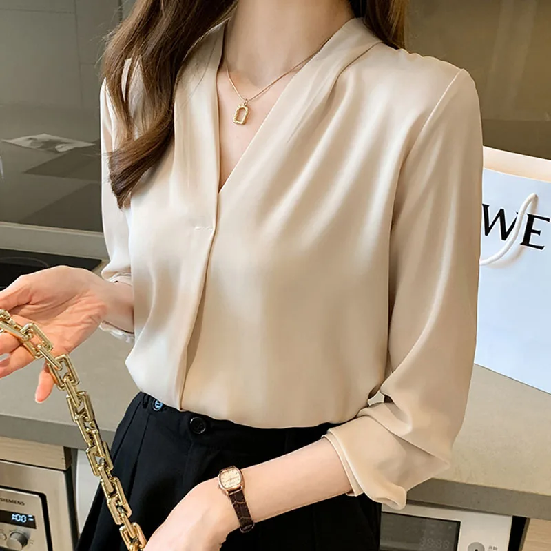 

Блузка женская с длинным рукавом, модный элегантный топ и блузка, шифон с V-образным вырезом в Корейском стиле, белый/хаки/Абрикосовый/красный цвета, 2658