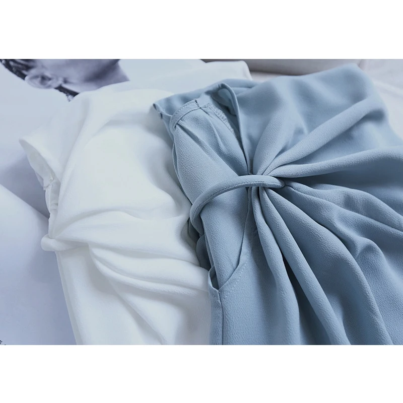 

French Elegance Pleated V Neck Blouse Ladies Summer New Loose Blue Sleeveless Shirt White Chiffon Tops Shirt Women Plus Size