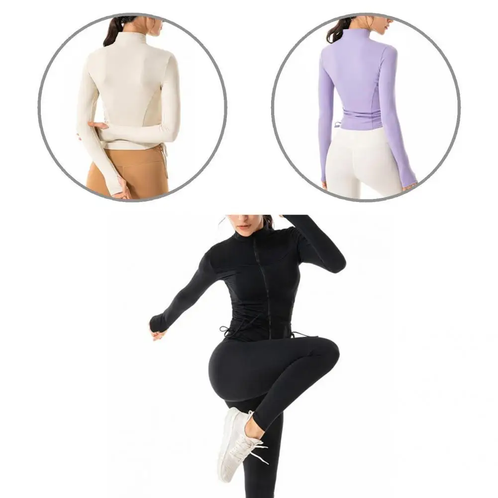

Simple Solid Color Zip Up Long Sleeve Top Yoga Top Zipper Fine Sewing