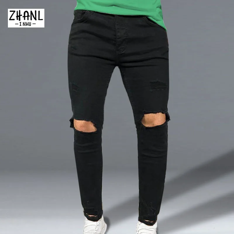 

Spring Cotton Men Jeans Stretch Skinny Casual Pants New Black Jeans With Ripped Knees Denim Pant Fashion Youth Denim Trousers