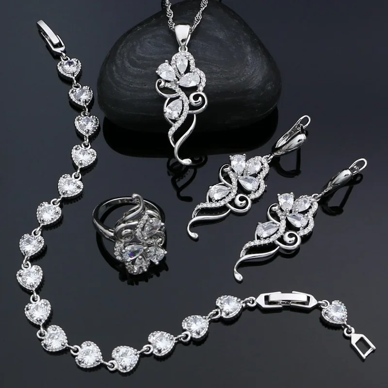 

925 Sterling Silver Bridal Wedding Jewelry Sets For Women White Cubic Zirconia Earrings Pendant Necklace Ring Bracelet Set