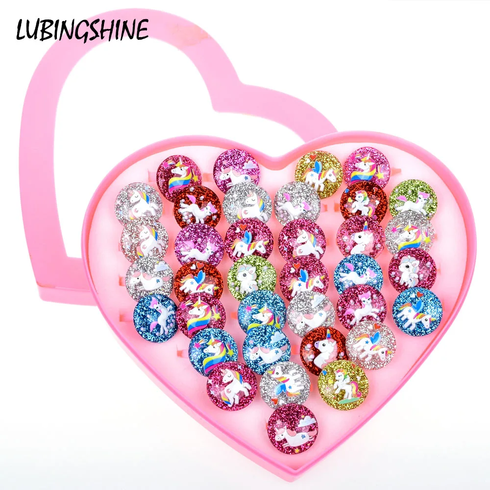 

36 pcs/lot Cute Acrylic Unicorn Finger Rings Sets For Women Kids Open Adjustable Round Animal Ring With Heart Box Birthday Gifts