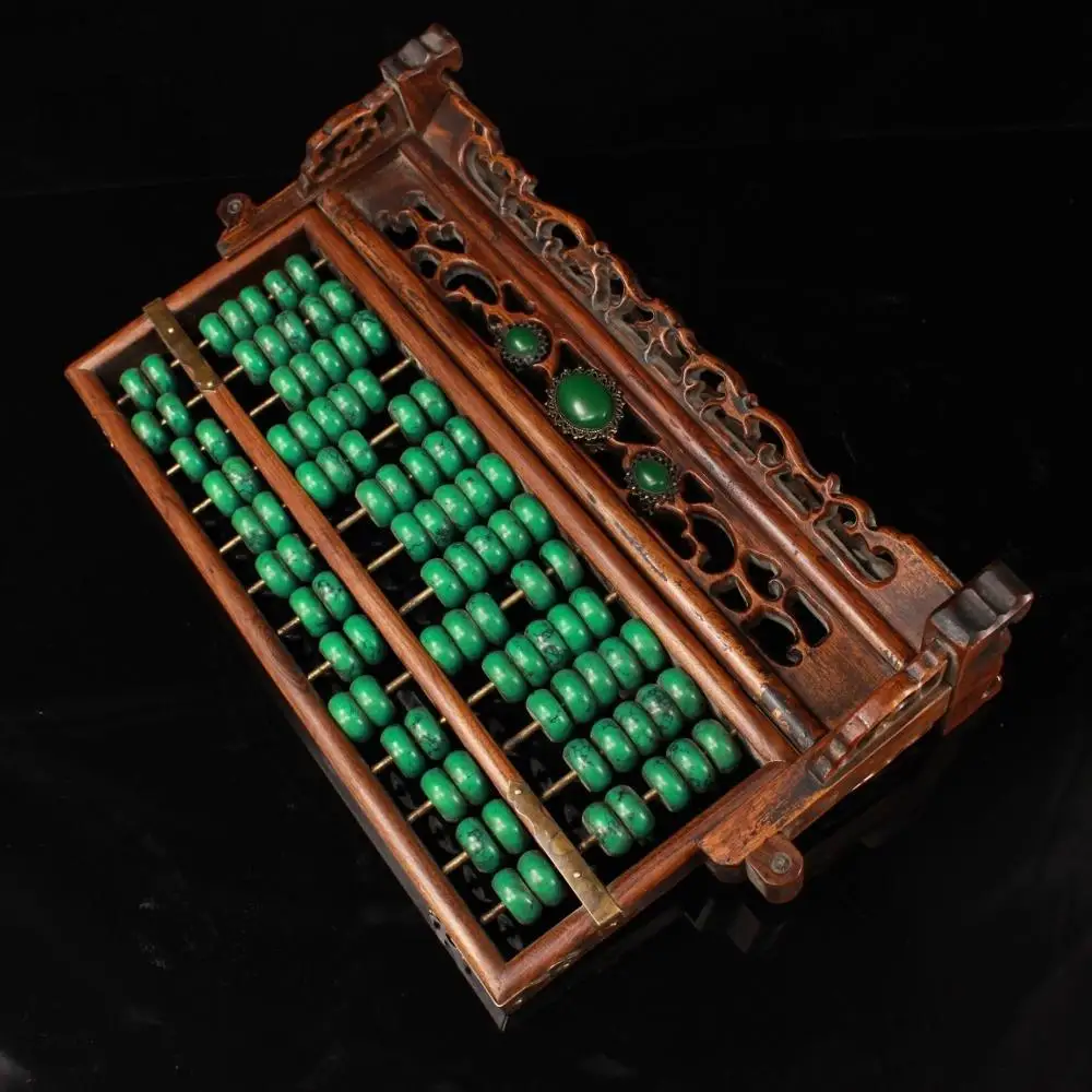 

Wedding decoration Collection Qing Dynasty hand-made ebony wood carving inlaid gemstone white jade abacus
