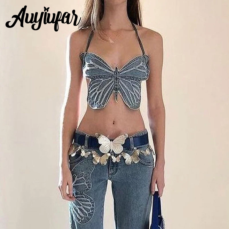 

Auyiufar Butterfly Fairy Grunge Backless Jeans Camisole Bandage Y2k Sexy Aesthetic Streetwear Retro Cropped Top Girl Slim Outfit