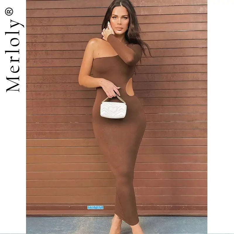 

Hollow Out Long Sleeve Fashion Skinny Sexy Festival Fashion Party Club Dresses Women's Elegant Solid One Shoulder Midi Dress
