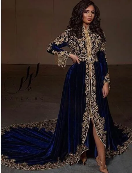 Темно-синее кружево бисером 2019 арабские Caftans вечерние платья с высоким воротом