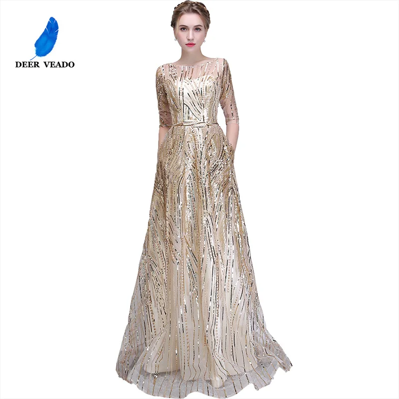 DEERVEADO Robe De Soiree, короткие рукава, Длинные вечерние платья с поясом, с блестками, торжественное платье для женщин, Платья для вечеринок YS449