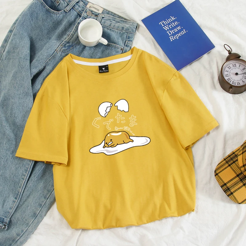 Японский Harajuku милый Gudetama Lazy Egg Yolk Kawaii Футболка женская хлопковая Футболка с рисунком Harajuku женская футболка Топы