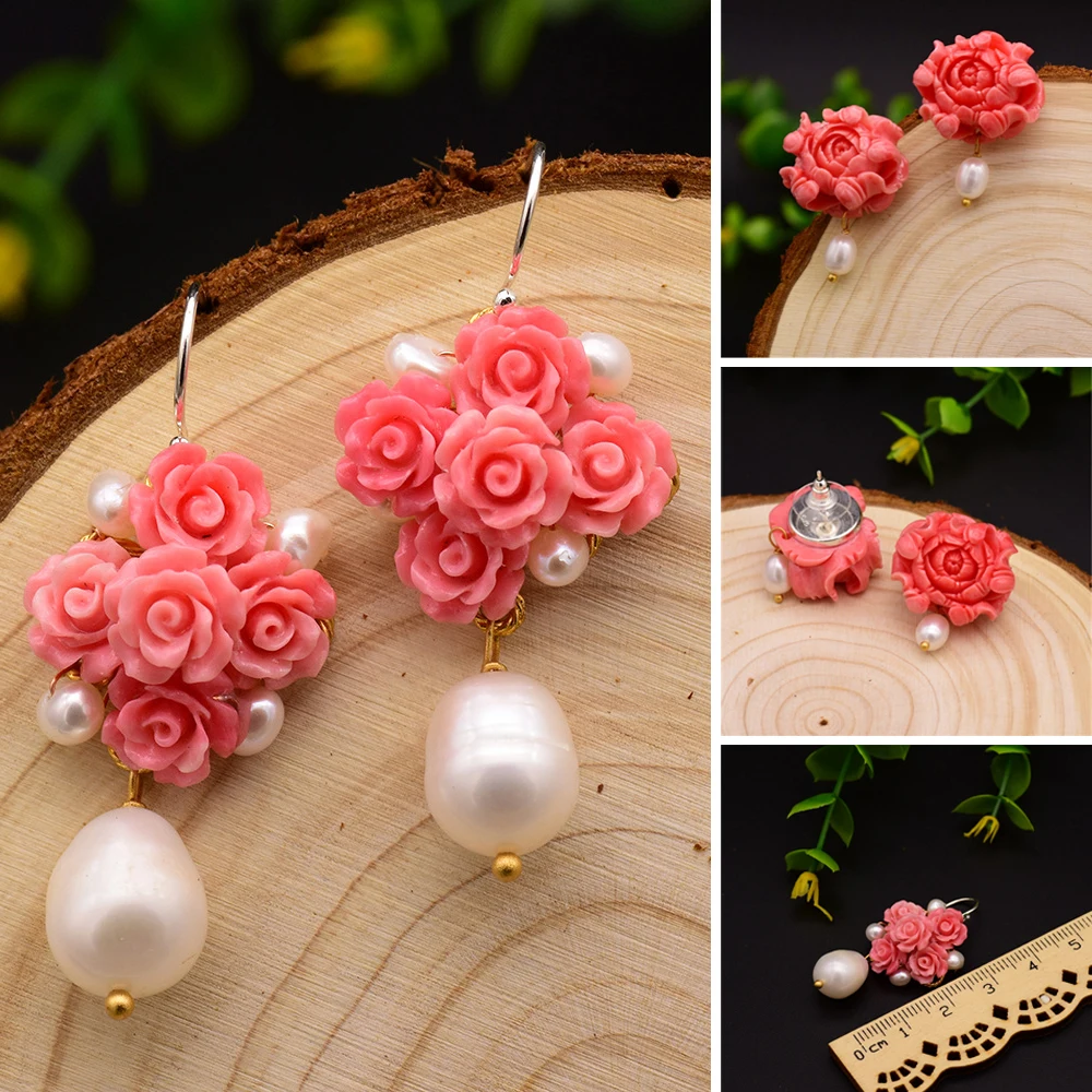 

Ручной работы кораллово-красный цветок длинные висячие серьги для женщин обручальные кольца из натурального пресновдного жемчуга Романти...