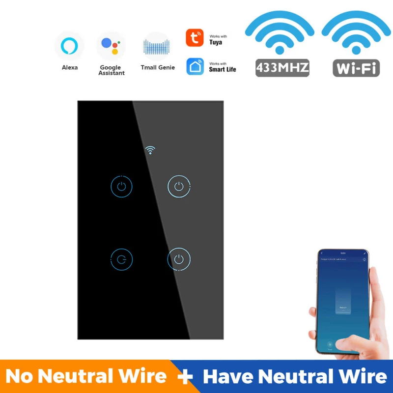 

Умный сенсорный выключатель с Wi-Fi + 433 Tuya, 1/3/4 клавиши