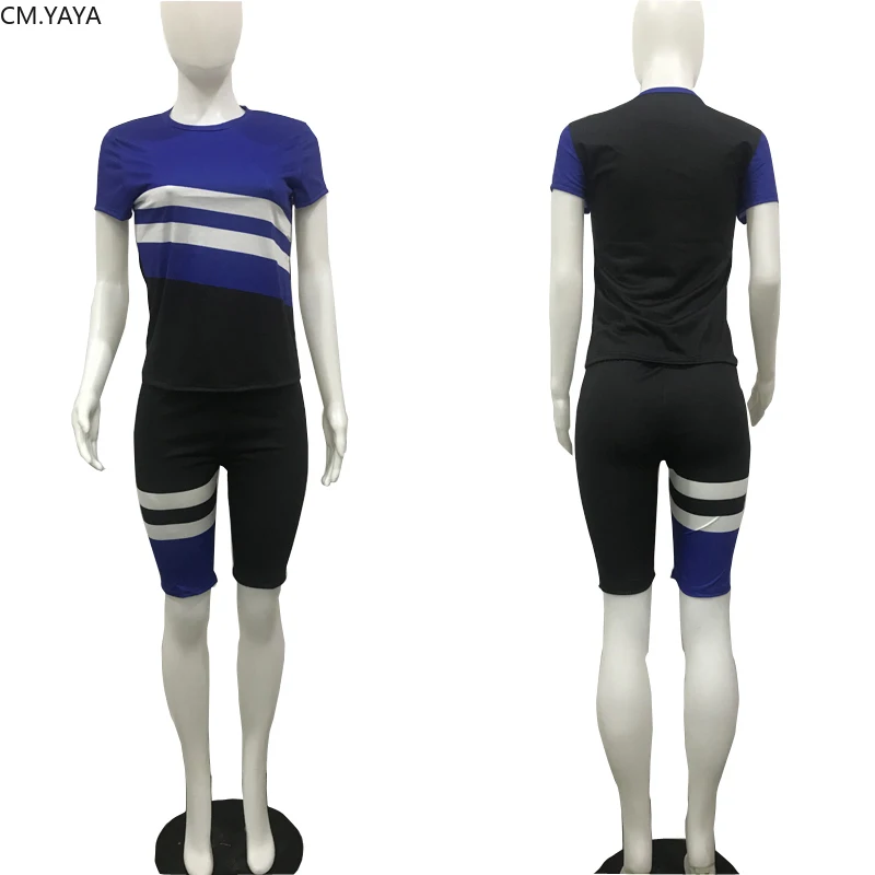 Women Two Pieces Sets stripes patchwork Tracksuits short sleeve tee tops shorts jogger pants suit Sporty Outfits matching set | Женская
