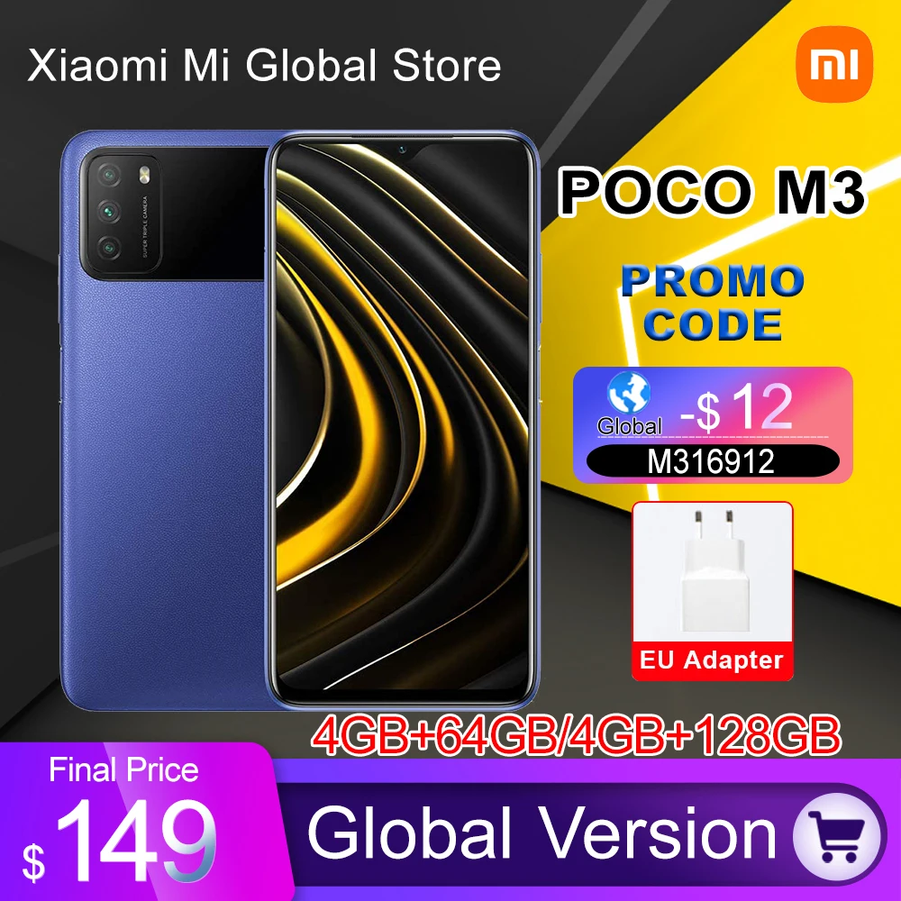 Smartphone POCO M3 versi&oacute;n Global, 4GB de RAM, 64GB de ROM, bater&iacute;a de 6000mAh, Snapdragon 662, ocho n&uacute;cleos, Triple c&aacute;mara de 48MP-0