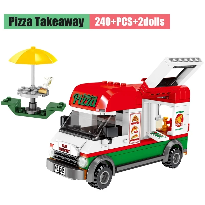 

City Street View Toyd For Boys Vehicle Pizza Takeaway Car Building Blocks Rubbish Truck Bricks DIY Toys For Children