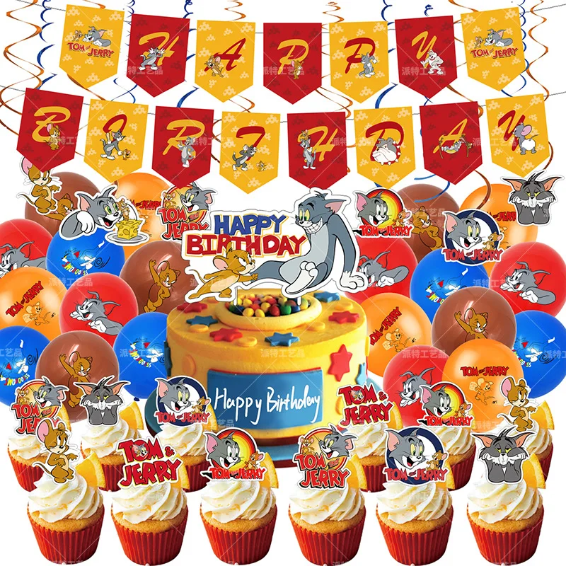 

Набор украшений для детского дня рождения Tom And Jerry, мультяшный воздушный шар, карточка для торта, баннер, подвеска для вечерние ринки, меропр...