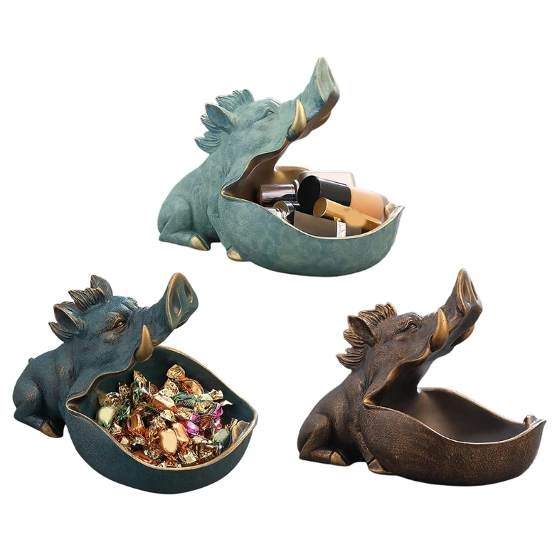 

P8DE Creative Wild Boar Key Storage Bowl Resin Candy Dish Art Animal with Big Open Mouth Snack Jewelry Holder Home Bedroom
