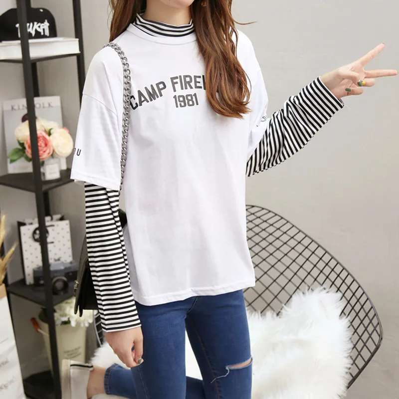 Весенне-осенняя женская футболка с надписью в полоску пэчворк кэжуал свободный