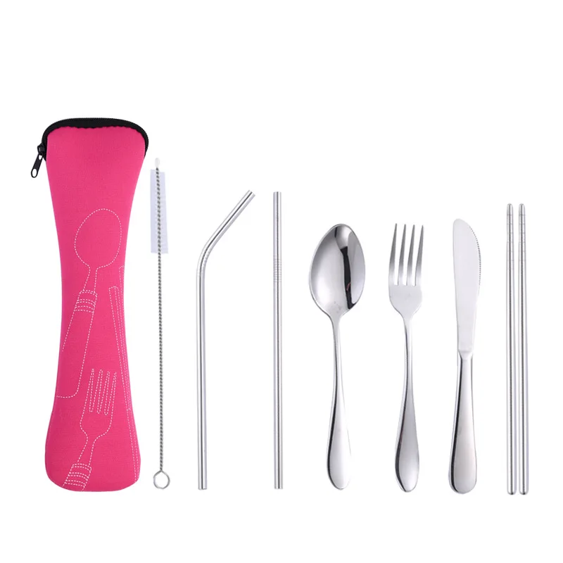 pinkbag set Нержавеющая сталь 6 шт. многоразовый портативный набор столовых приборов нож вилка ложка палочки для еды набор кистей столовые приборы набор оптом - Цвет: pinkbag set