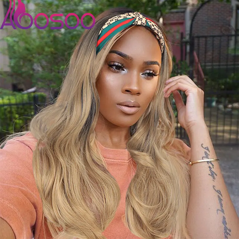 

AOSOO Ombre Honey Blonde Highlighted Color Body Wave Bandana synthetic Hair Wig Wigs For Black Female Brazilian Glueless Scarf