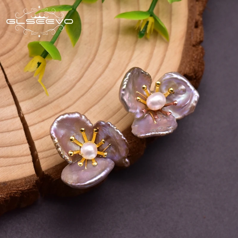 

GLSEEVO Handmade Fresh Water Baroque Pearls Flower Stud Earrings For Women Girls Handmade Vintage Jewellery Bijoux Femme GE0958A
