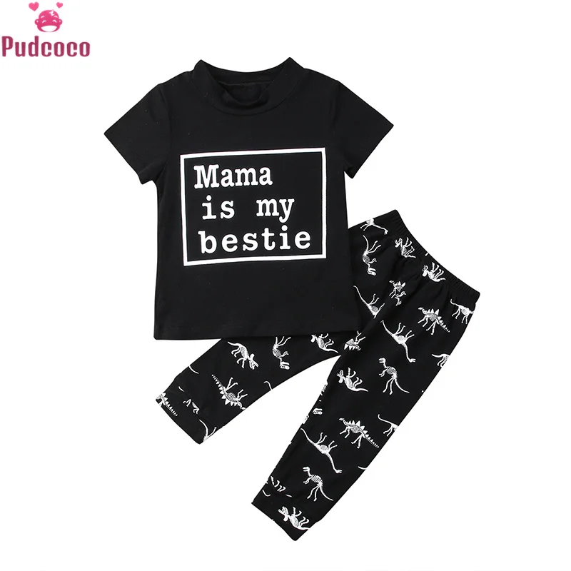 

Toddler Kids Baby Boys Girls Clothing Short Sleeve Letter Print Cotton T-shirt Tops+Dinosaur Pant Leggings 2PCS Set Outfits
