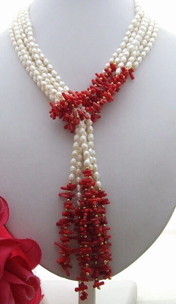 

Hot sale hot sell new -3Strds 50" White Pearl&Coral Necklace