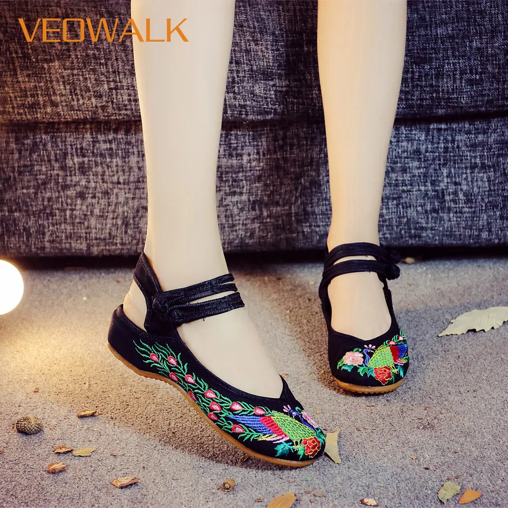 Veowalk Женская Повседневная хлопковая обувь с вышивкой павлина туфли на низком