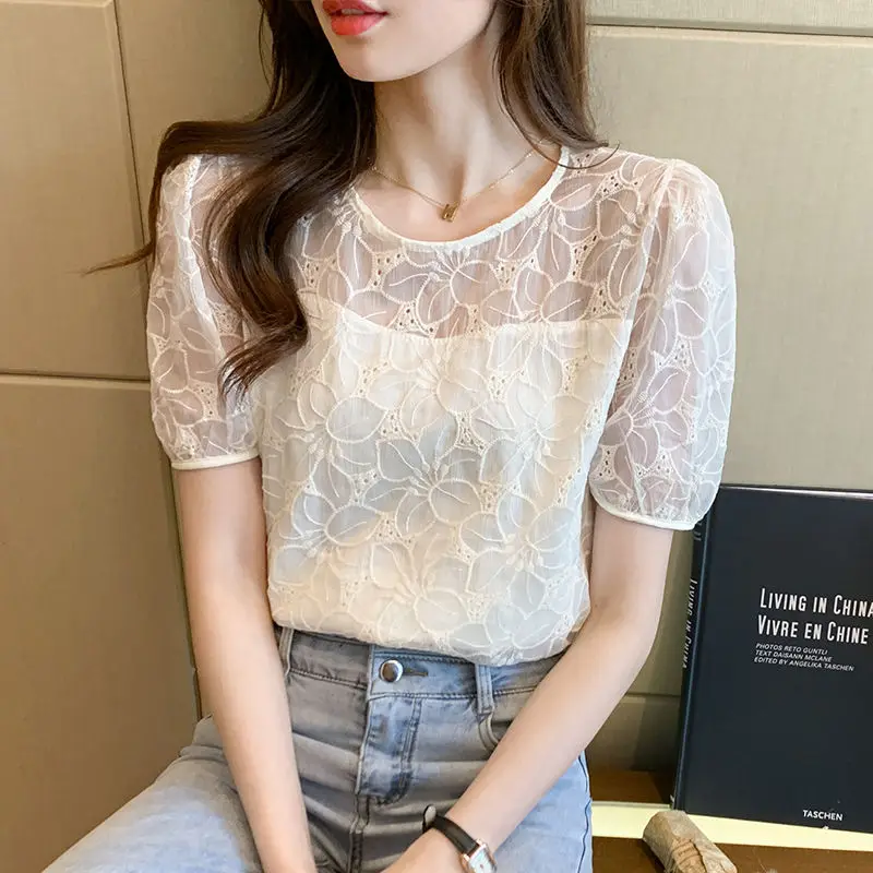 

2021 новые летние женские блузки Повседневная тонкая футболка с коротким рукавом, с О-образным вырезом и абрикосового цвета кружевные рубашк...