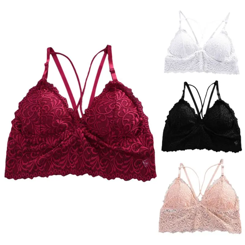 

Womens Sexy Deep V-Neck Floral Lace Bra Seamless Spaghetti Strap Criss Cross Bandage Bralette Wireless Removable Padded Crop Top