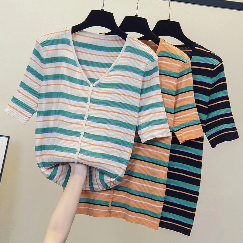 

Oversized V-Neck Thin Summer short Sleeve Women Sweater 2021 Knitted Cardigan Sweaters Womes England Buttons Tops Coat