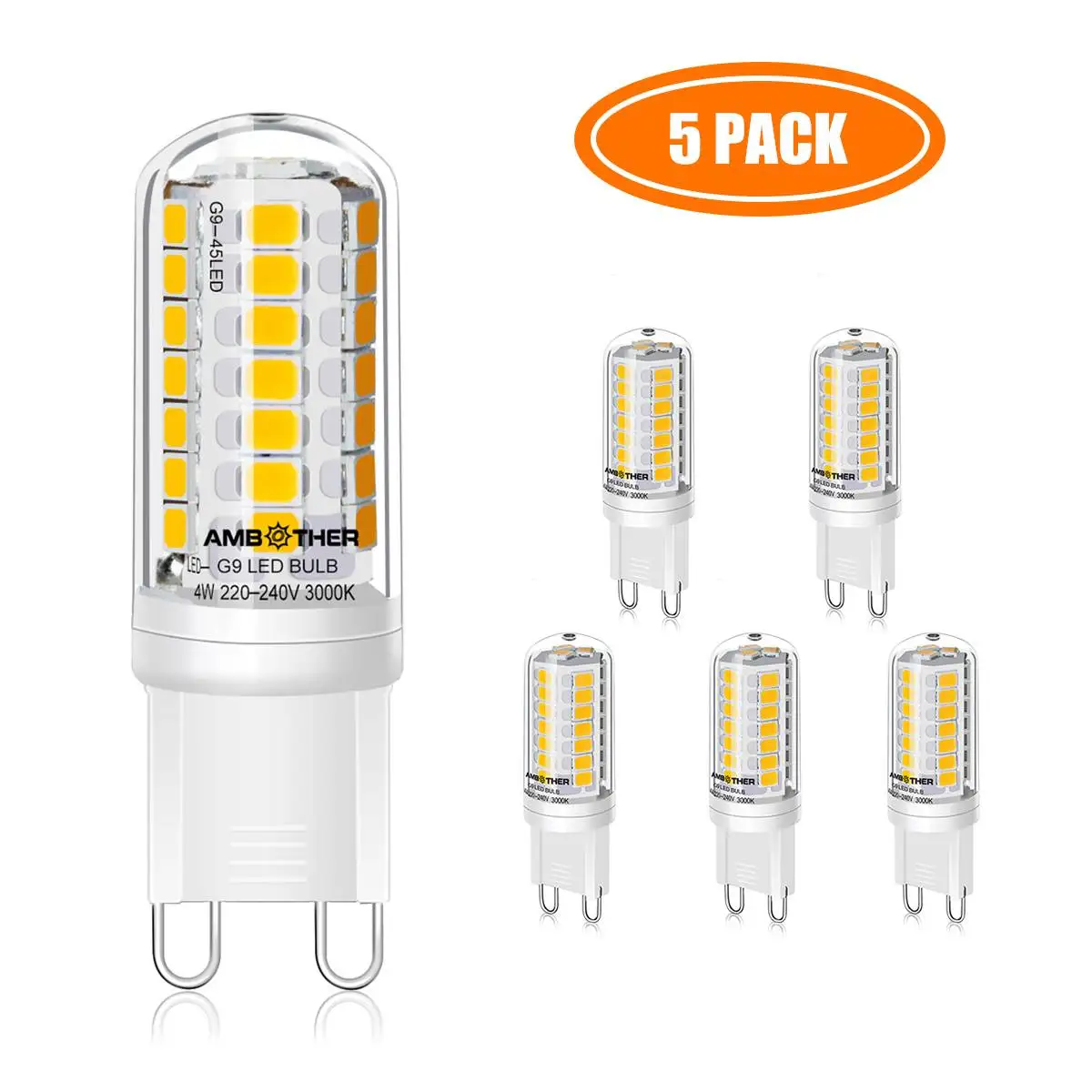 

5PCS 4W AC 220-240V G9 LED Bulbs SMD2835 3000K Warm White 450LM No Flicker Light Easy Installation for Home Energy Saving Light