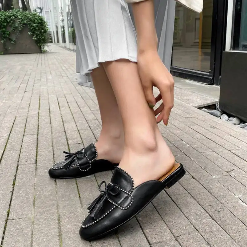 

RIZABINA Woman Flat Heel Slipper Real Leather Bow-Tie High Quality Women Summer Shoes Casual Outdoor Woman Footwear Size 33-41