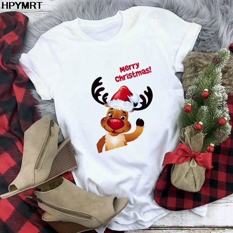 

Fashion New Tees Cute Reindeer Print Casual T shirt Women Harajuku Tops Female Cartoon T-shirt Merry Christmas Graphics Tshirt