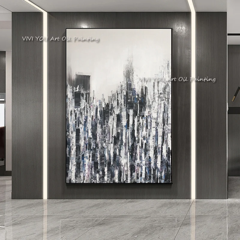 

Large High Quality Hand Painted Abstract Canvas City Oil Painting Textured Grey Modern Wall Art Living Room Porch Decoration