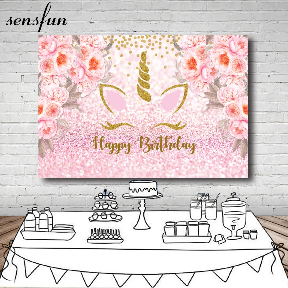 Sensfun новый дизайн розовые цветы фон с единорогом блеск Boken в Золотой горошек для