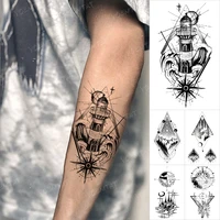 lighthouse temporary tattoo sticker moon wave linear geometric compass fake tatoo arm hand wrist men women glitter tattoos kids