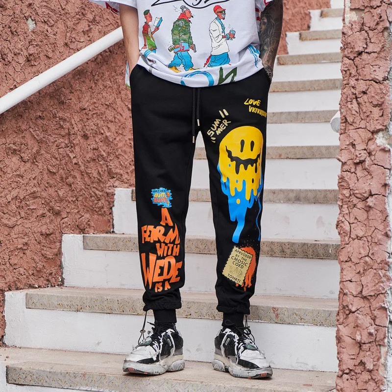 

KIMSERE Man Painted Hip Hop Pants Hi Street Printed Harem Joggers Trousers Streetwear Sweatpants Elastic Waist Cuff Black