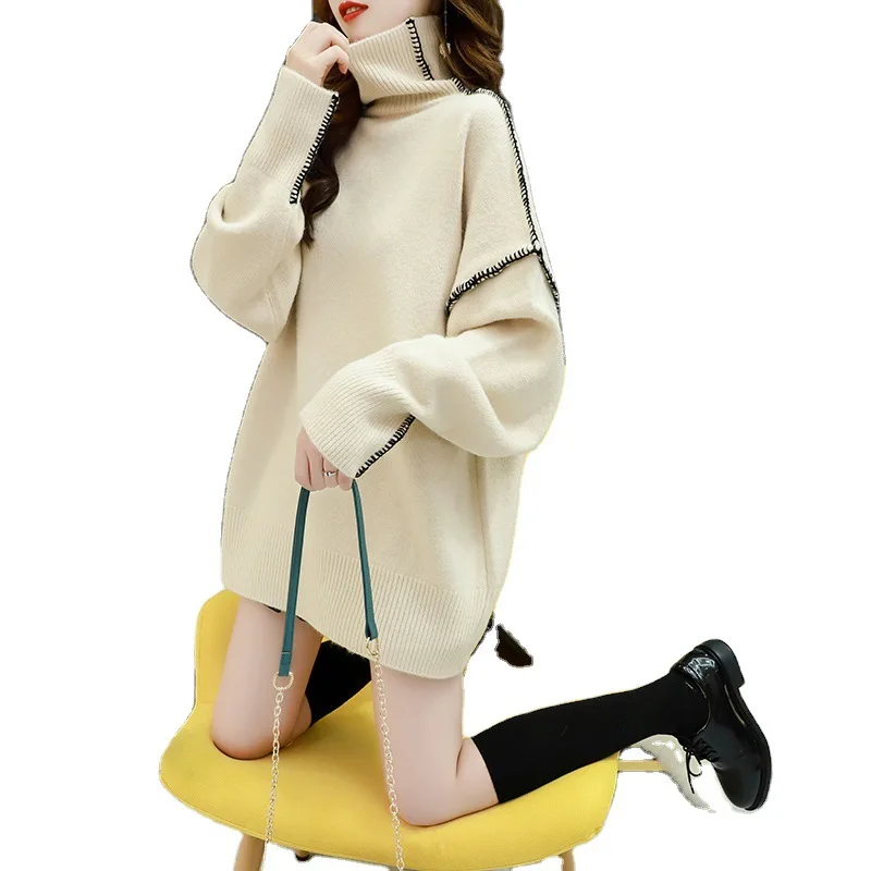 

Slim Retro Warm Elegant Office Sweater Thick Turtleneck Women Knitting Long Sweater Femme Chandails Winter Clothes Women EH50SW