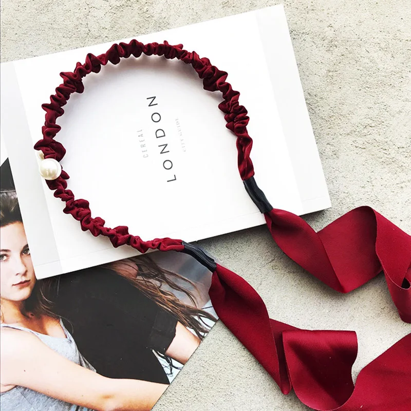 

CN Vintage Korean Fabric Ribbons Hairbands For Women Girls Simple Solid Pearl Headbands Hairbows Bandanas Gifts Hair Accessories