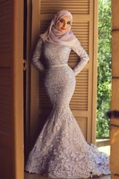 lavender muslim evening dresses mermaid long sleeves appliques lace hijab dubai saudi arabic long evening gown prom