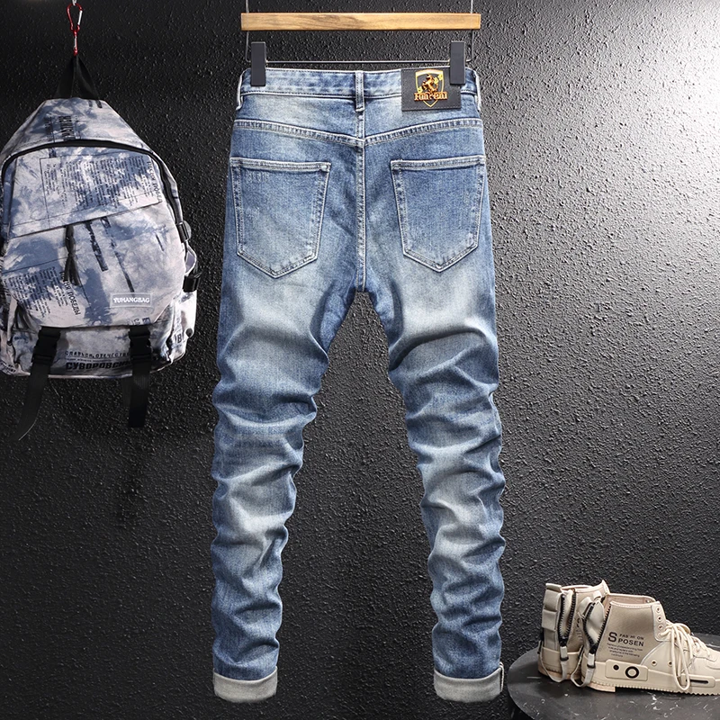 Newly Vintage Fashion Men Jeans High Quality Retro Blue Elastic Slim Fit Plain Jeans Men Classical Simple Designer Denim Pants