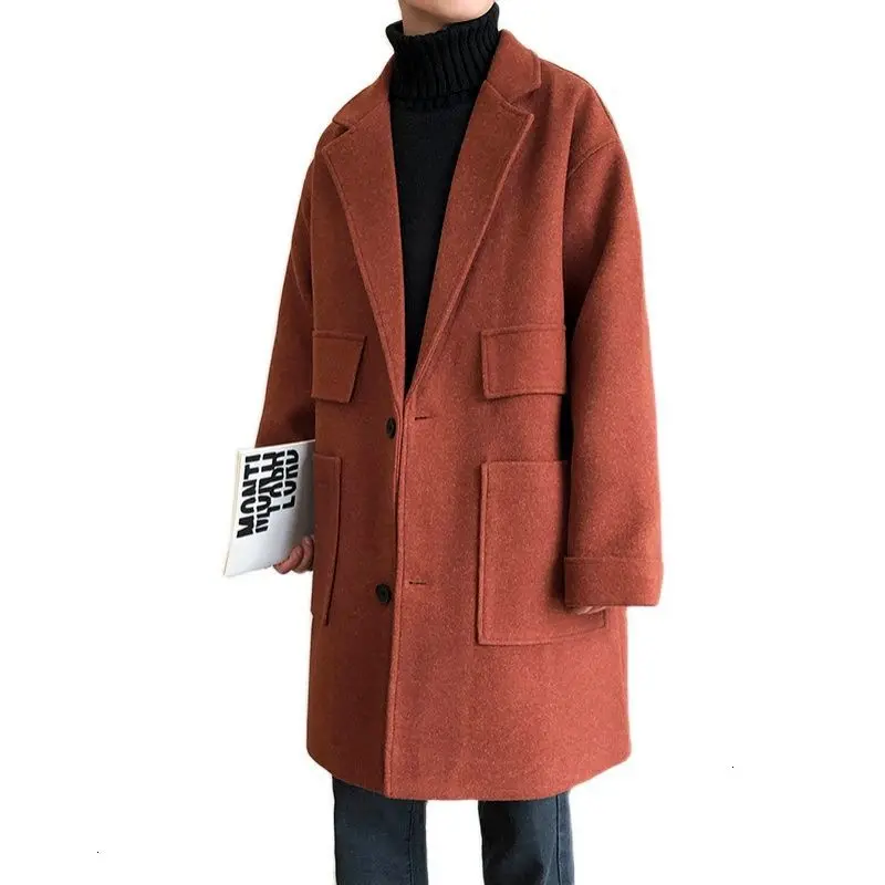 

Men Solid Color Loose Woolen Coat 2020 Winter New Men's Casual Oversize Long Windbreaker Woman Streetwear Coat