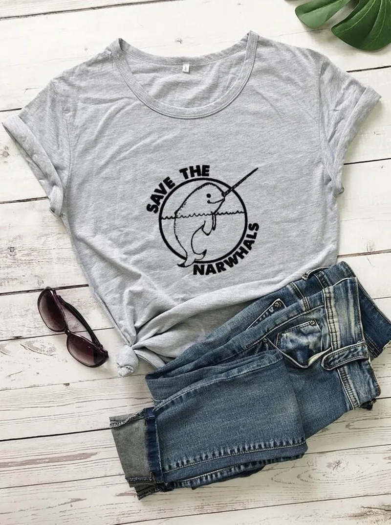 

100% Pure Cotton Women T Shirt Save The Narwhals Printed Tshirt Ladies Short Sleeve Tee Shirt Women Female Tops Clothes Mujer